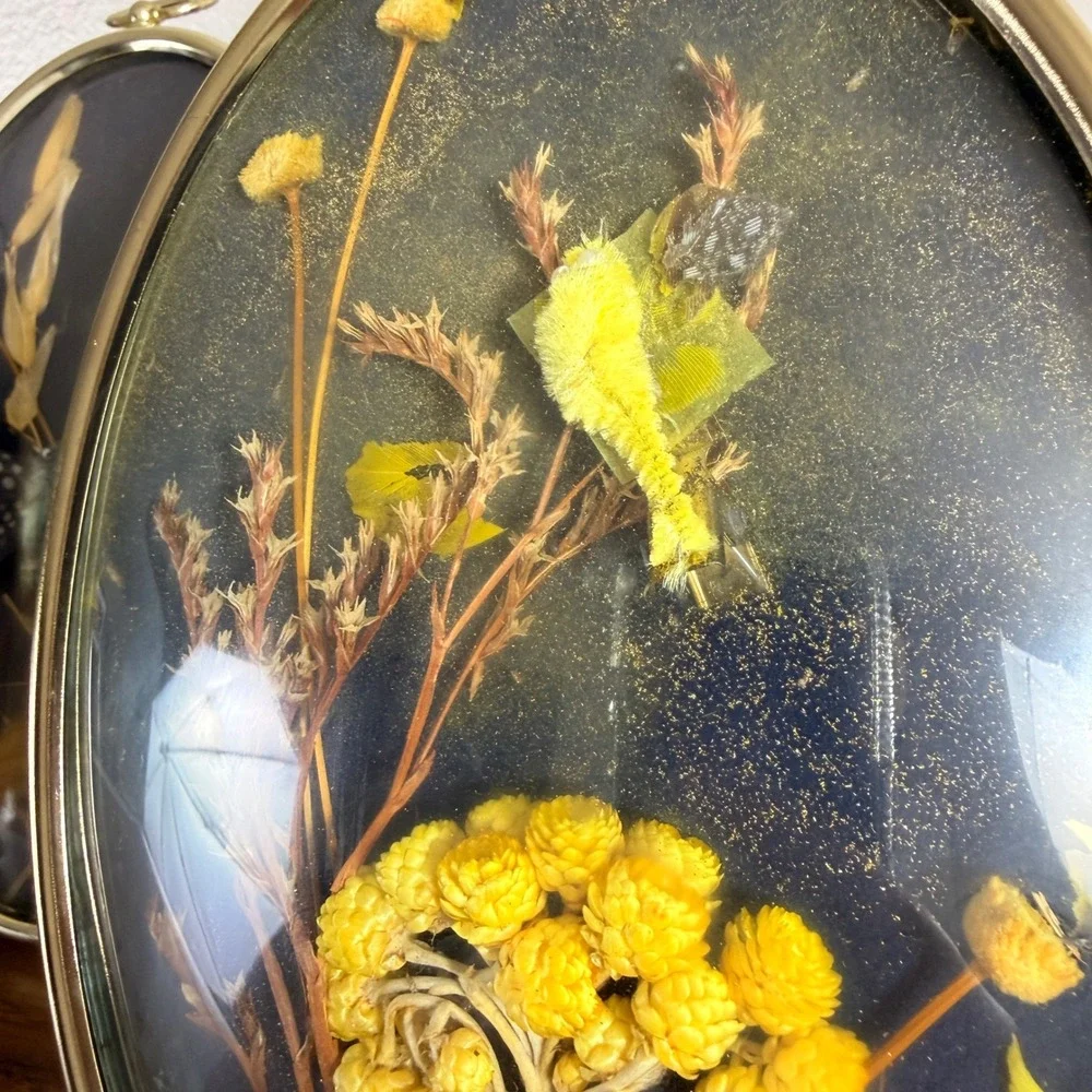 Vintage Oval Brass Shadow Box Set of 3 Dried Flowers Butterflies Cottagecore